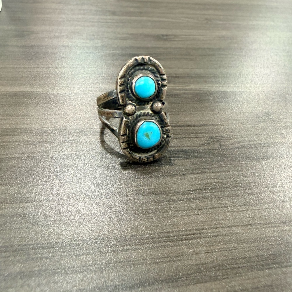Vintage Original Navajo with Turquoise Double Stone Ring - Blue